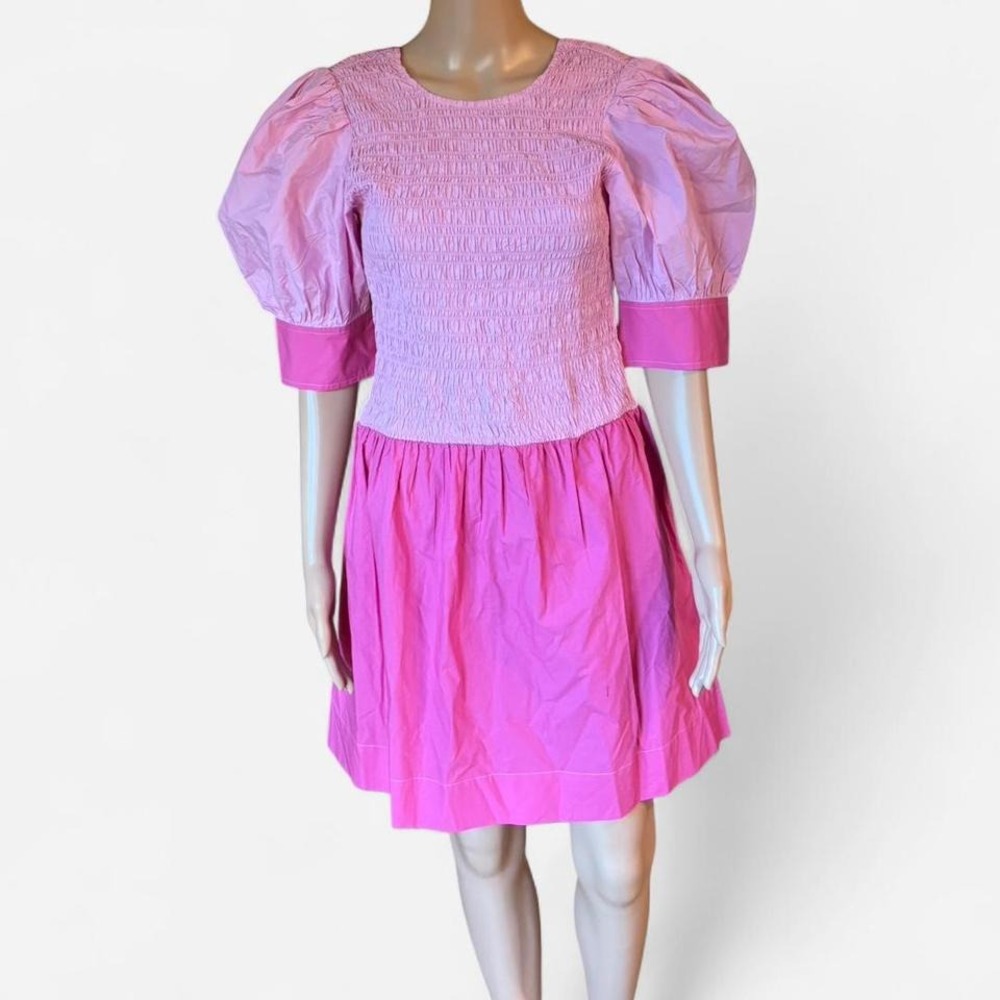 Ganni Pink Smocked Puff Sleeve Mini Dress Size 38